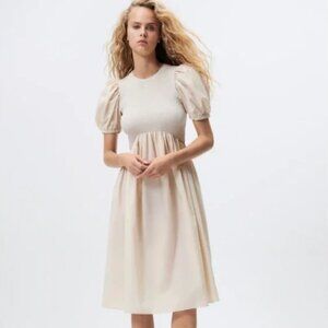 ZARA Light Beige Cotton & Ribbed Combination Balloon Sleeves Midi Dress— Small